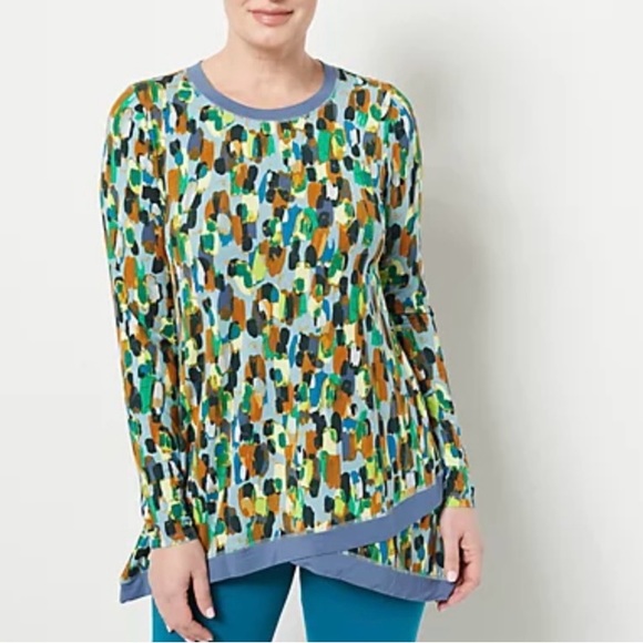 LOGO by Lori Goldstein Rayon 230 Printed Top W/Crossover Hem Black Multi Small - Picture 5 of 6
